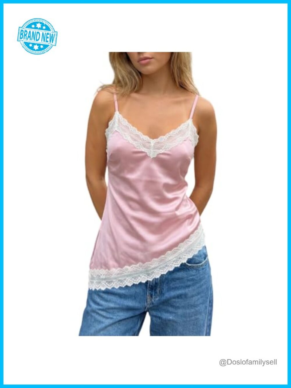 Satin Lace Trim V Neck Asymmetrical Backless Cami Tank Top Women Summer